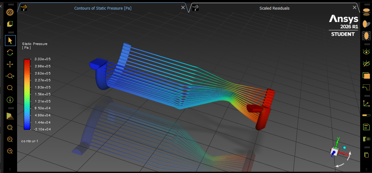 ANSYS Fluent static-pressure streamlines through the 60-channel regen cooling jacket