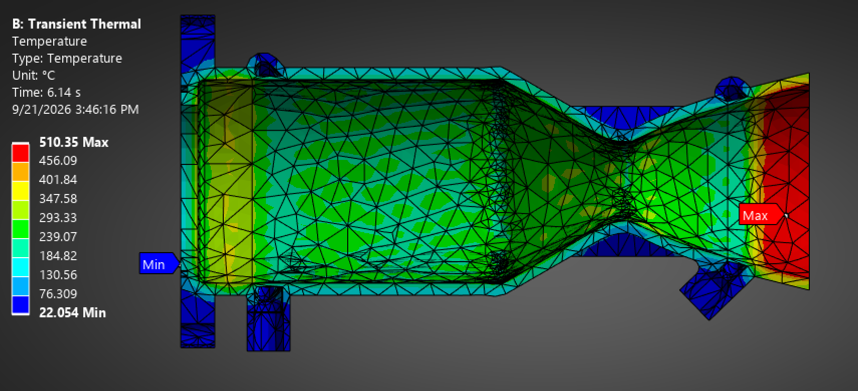 ANSYS Transient Thermal temperature contour of the Jeb Lite regen chamber at burnout